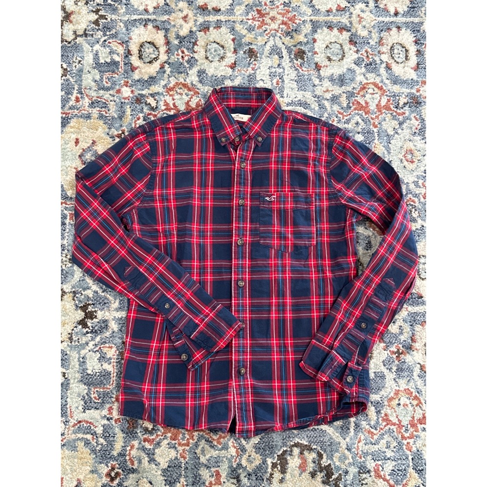 Hollister Plaid Button Down Shirt Mens XS Red Navy Blue Long Sleeve